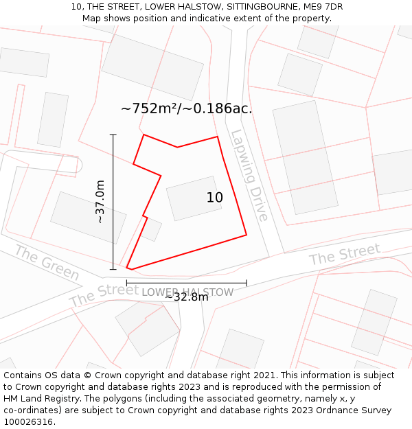 10, THE STREET, LOWER HALSTOW, SITTINGBOURNE, ME9 7DR: Plot and title map