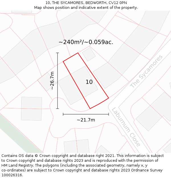 10, THE SYCAMORES, BEDWORTH, CV12 0PN: Plot and title map