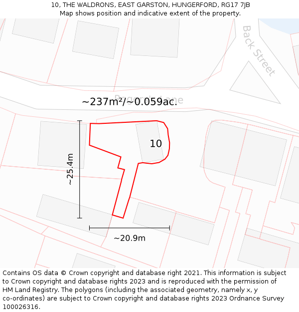 10, THE WALDRONS, EAST GARSTON, HUNGERFORD, RG17 7JB: Plot and title map