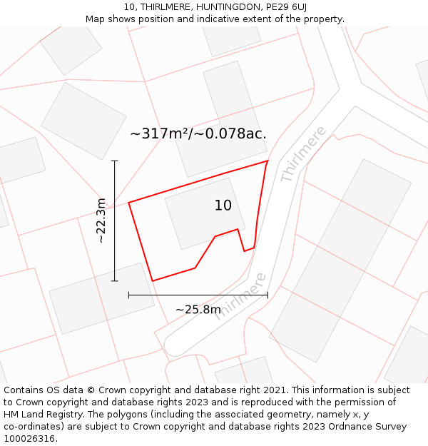 10, THIRLMERE, HUNTINGDON, PE29 6UJ: Plot and title map