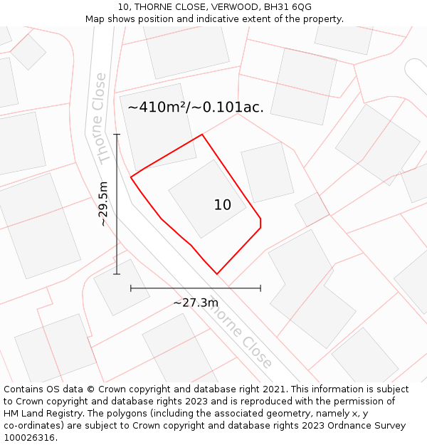 10, THORNE CLOSE, VERWOOD, BH31 6QG: Plot and title map