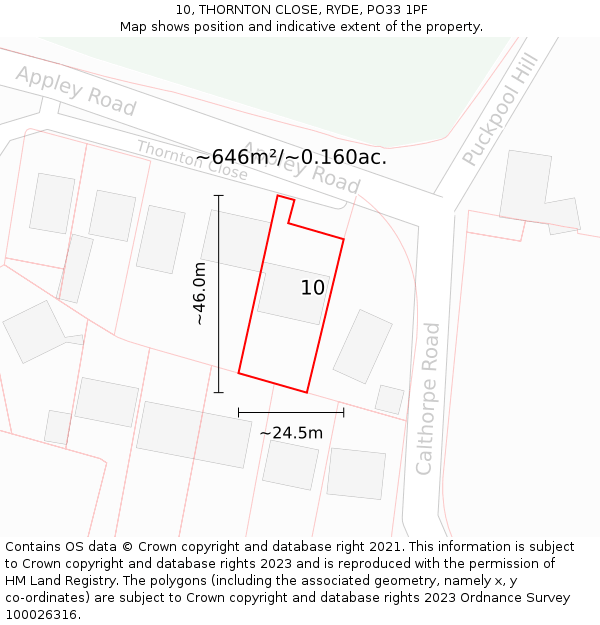 10, THORNTON CLOSE, RYDE, PO33 1PF: Plot and title map
