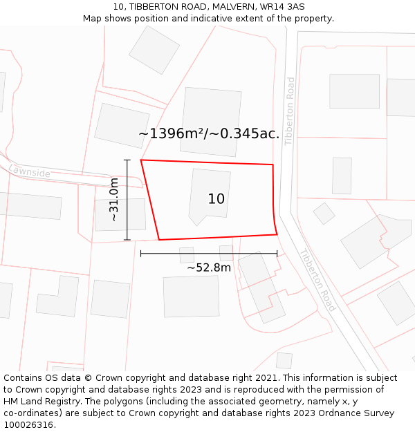 10, TIBBERTON ROAD, MALVERN, WR14 3AS: Plot and title map