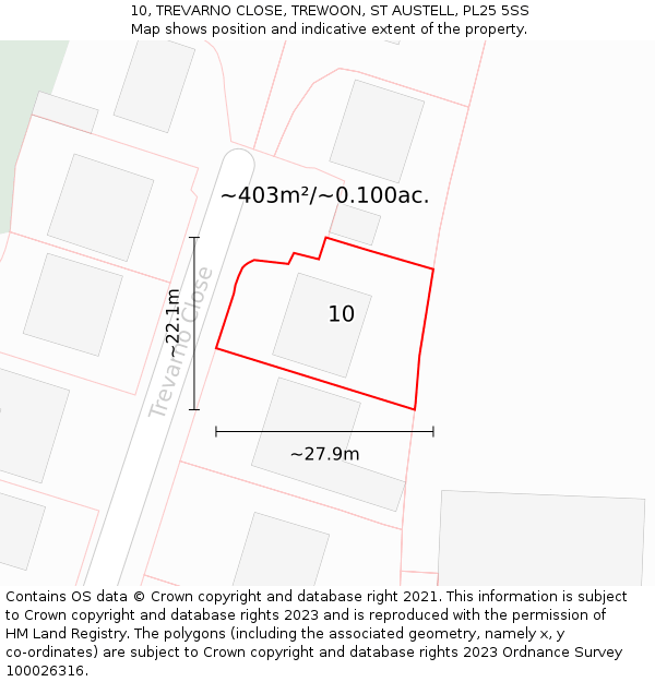 10, TREVARNO CLOSE, TREWOON, ST AUSTELL, PL25 5SS: Plot and title map