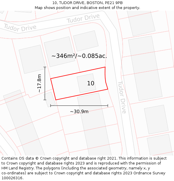 10, TUDOR DRIVE, BOSTON, PE21 9PB: Plot and title map