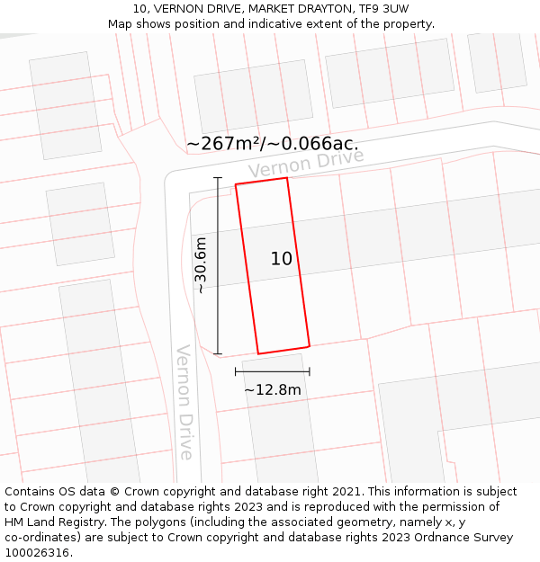 10, VERNON DRIVE, MARKET DRAYTON, TF9 3UW: Plot and title map