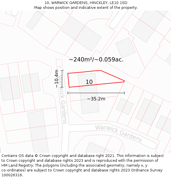 10, WARWICK GARDENS, HINCKLEY, LE10 1SD: Plot and title map