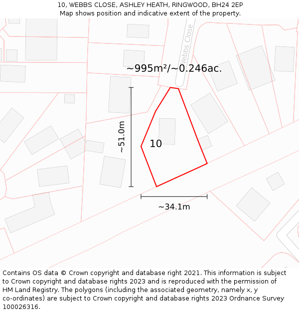 10, WEBBS CLOSE, ASHLEY HEATH, RINGWOOD, BH24 2EP: Plot and title map