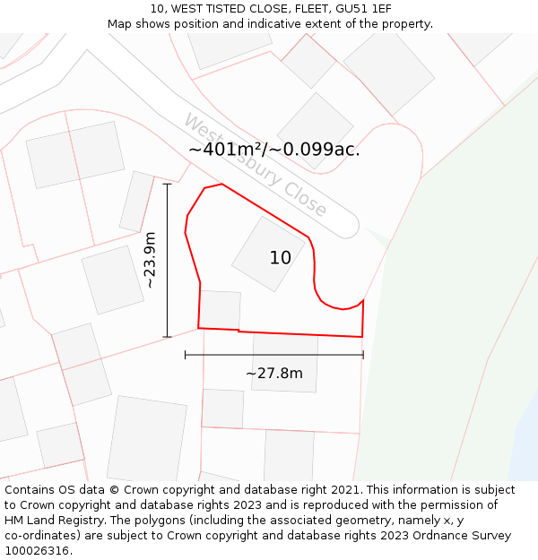 10, WEST TISTED CLOSE, FLEET, GU51 1EF: Plot and title map