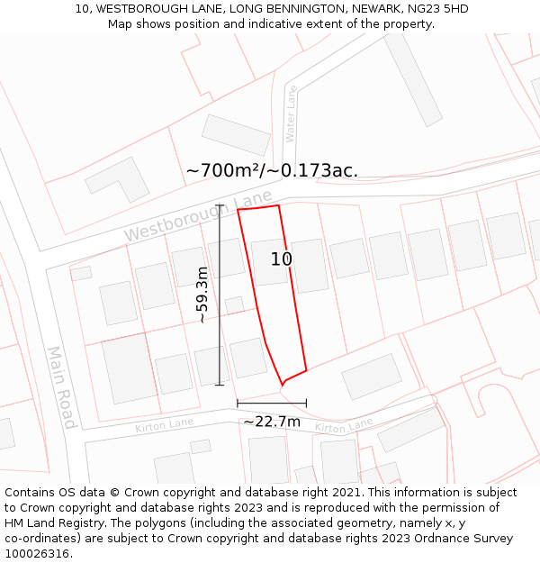 10, WESTBOROUGH LANE, LONG BENNINGTON, NEWARK, NG23 5HD: Plot and title map