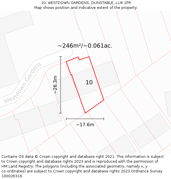 10, WESTDOWN GARDENS, DUNSTABLE, LU6 1PR: Plot and title map