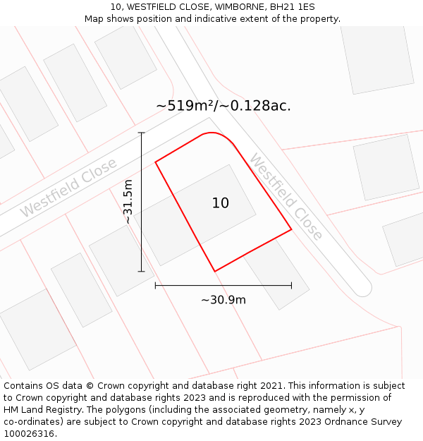 10, WESTFIELD CLOSE, WIMBORNE, BH21 1ES: Plot and title map