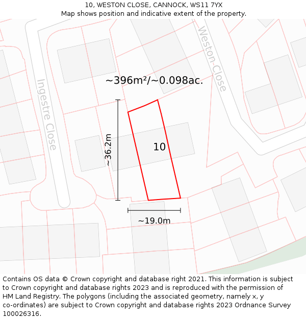 10, WESTON CLOSE, CANNOCK, WS11 7YX: Plot and title map