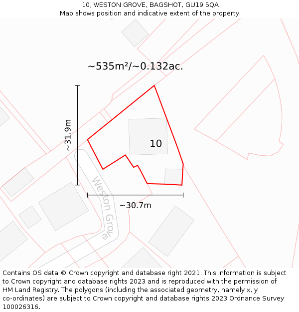 10, WESTON GROVE, BAGSHOT, GU19 5QA: Plot and title map