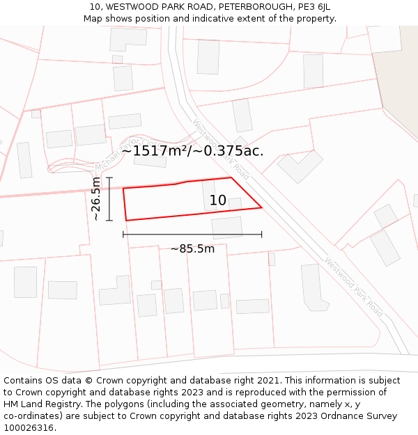 10, WESTWOOD PARK ROAD, PETERBOROUGH, PE3 6JL: Plot and title map