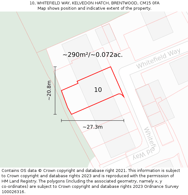 10, WHITEFIELD WAY, KELVEDON HATCH, BRENTWOOD, CM15 0FA: Plot and title map