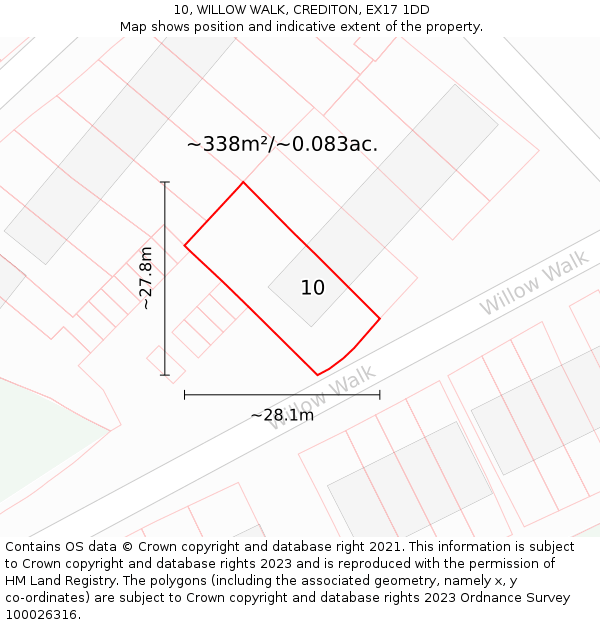 10, WILLOW WALK, CREDITON, EX17 1DD: Plot and title map