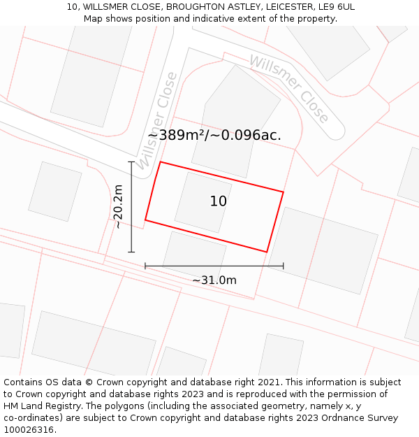 10, WILLSMER CLOSE, BROUGHTON ASTLEY, LEICESTER, LE9 6UL: Plot and title map