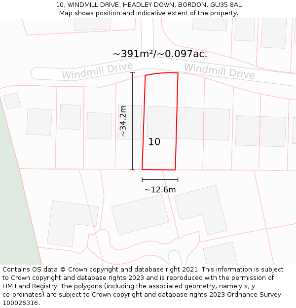 10, WINDMILL DRIVE, HEADLEY DOWN, BORDON, GU35 8AL: Plot and title map