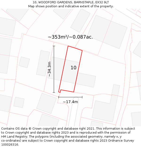 10, WOODFORD GARDENS, BARNSTAPLE, EX32 9LT: Plot and title map