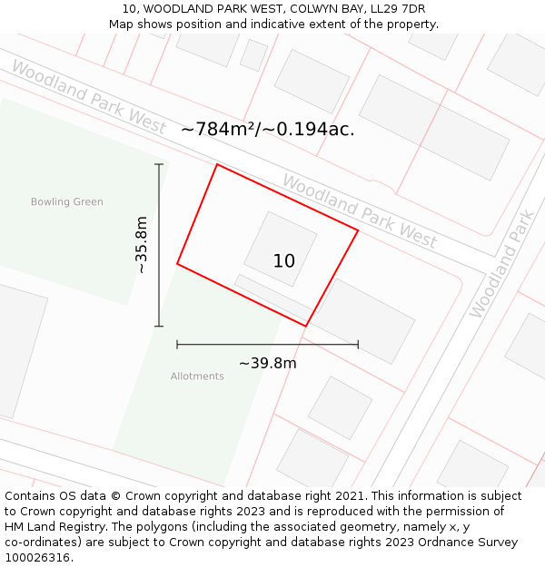 10, WOODLAND PARK WEST, COLWYN BAY, LL29 7DR: Plot and title map