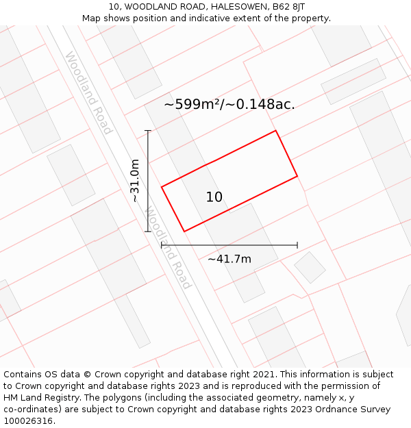 10, WOODLAND ROAD, HALESOWEN, B62 8JT: Plot and title map