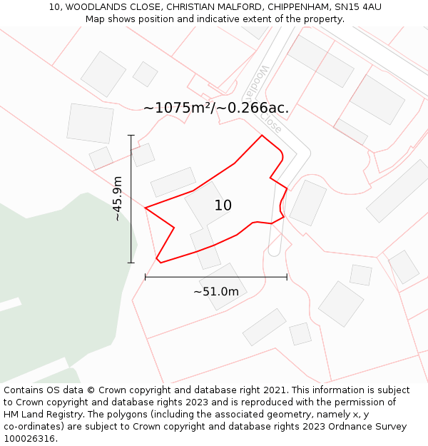 10, WOODLANDS CLOSE, CHRISTIAN MALFORD, CHIPPENHAM, SN15 4AU: Plot and title map