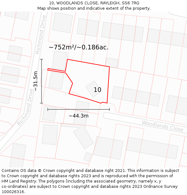 10, WOODLANDS CLOSE, RAYLEIGH, SS6 7RG: Plot and title map