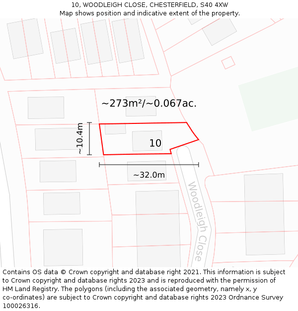 10, WOODLEIGH CLOSE, CHESTERFIELD, S40 4XW: Plot and title map