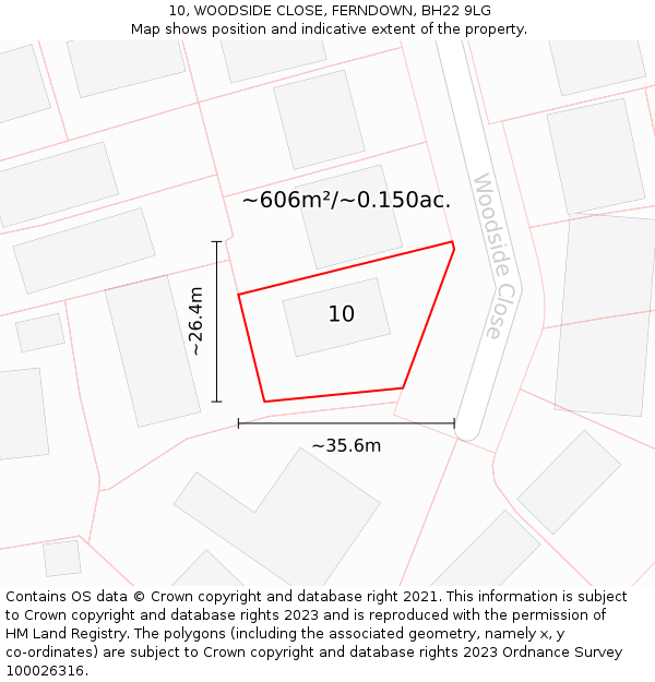 10, WOODSIDE CLOSE, FERNDOWN, BH22 9LG: Plot and title map