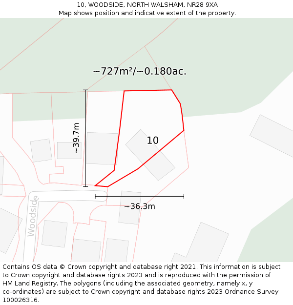 10, WOODSIDE, NORTH WALSHAM, NR28 9XA: Plot and title map