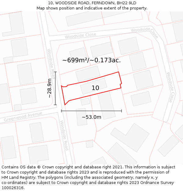 10, WOODSIDE ROAD, FERNDOWN, BH22 9LD: Plot and title map