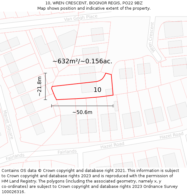 10, WREN CRESCENT, BOGNOR REGIS, PO22 9BZ: Plot and title map