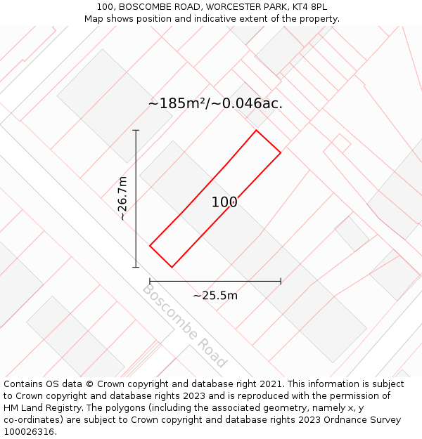 100, BOSCOMBE ROAD, WORCESTER PARK, KT4 8PL: Plot and title map