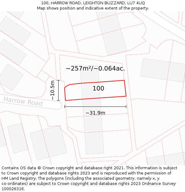 100, HARROW ROAD, LEIGHTON BUZZARD, LU7 4UQ: Plot and title map