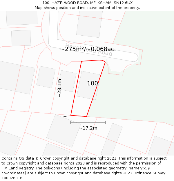 100, HAZELWOOD ROAD, MELKSHAM, SN12 6UX: Plot and title map