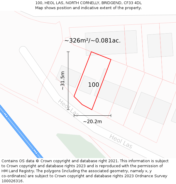 100, HEOL LAS, NORTH CORNELLY, BRIDGEND, CF33 4DL: Plot and title map