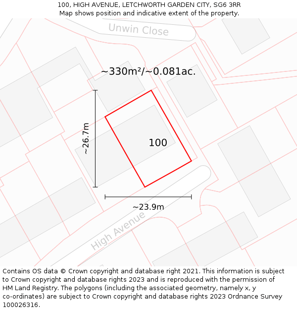 100, HIGH AVENUE, LETCHWORTH GARDEN CITY, SG6 3RR: Plot and title map