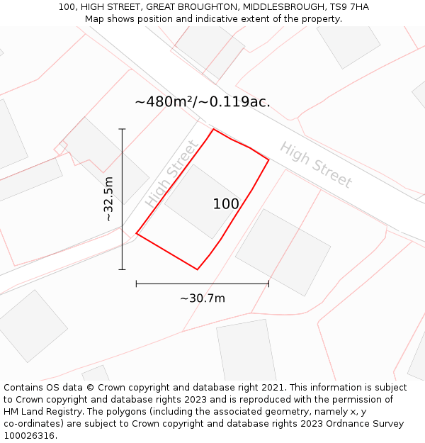 100, HIGH STREET, GREAT BROUGHTON, MIDDLESBROUGH, TS9 7HA: Plot and title map