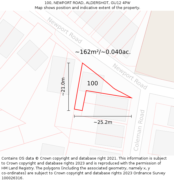 100, NEWPORT ROAD, ALDERSHOT, GU12 4PW: Plot and title map