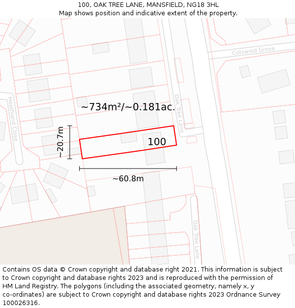 100, OAK TREE LANE, MANSFIELD, NG18 3HL: Plot and title map