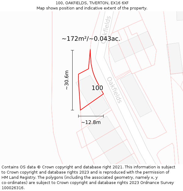 100, OAKFIELDS, TIVERTON, EX16 6XF: Plot and title map