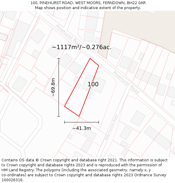 100, PINEHURST ROAD, WEST MOORS, FERNDOWN, BH22 0AR: Plot and title map