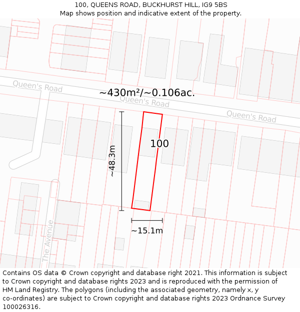 100, QUEENS ROAD, BUCKHURST HILL, IG9 5BS: Plot and title map