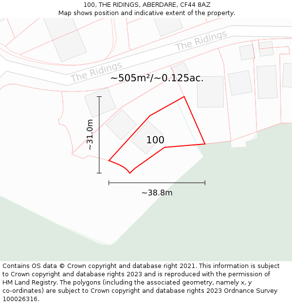 100, THE RIDINGS, ABERDARE, CF44 8AZ: Plot and title map