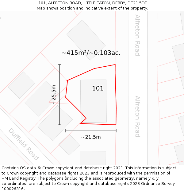 101, ALFRETON ROAD, LITTLE EATON, DERBY, DE21 5DF: Plot and title map