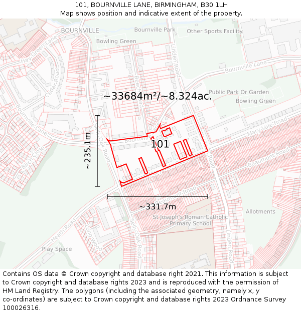 101, BOURNVILLE LANE, BIRMINGHAM, B30 1LH: Plot and title map