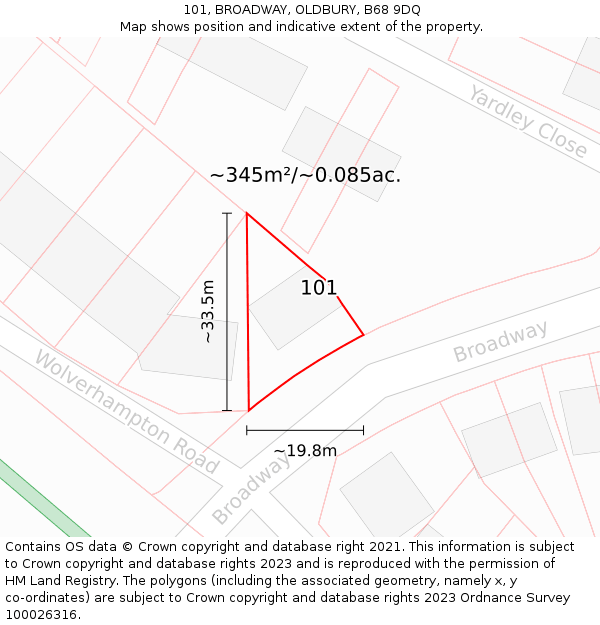 101, BROADWAY, OLDBURY, B68 9DQ: Plot and title map