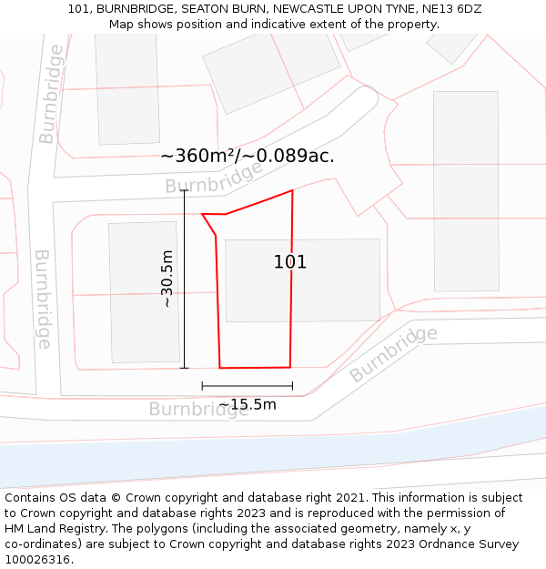 101, BURNBRIDGE, SEATON BURN, NEWCASTLE UPON TYNE, NE13 6DZ: Plot and title map