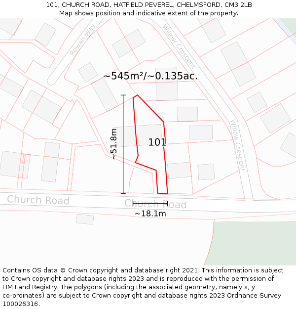 101, CHURCH ROAD, HATFIELD PEVEREL, CHELMSFORD, CM3 2LB: Plot and title map